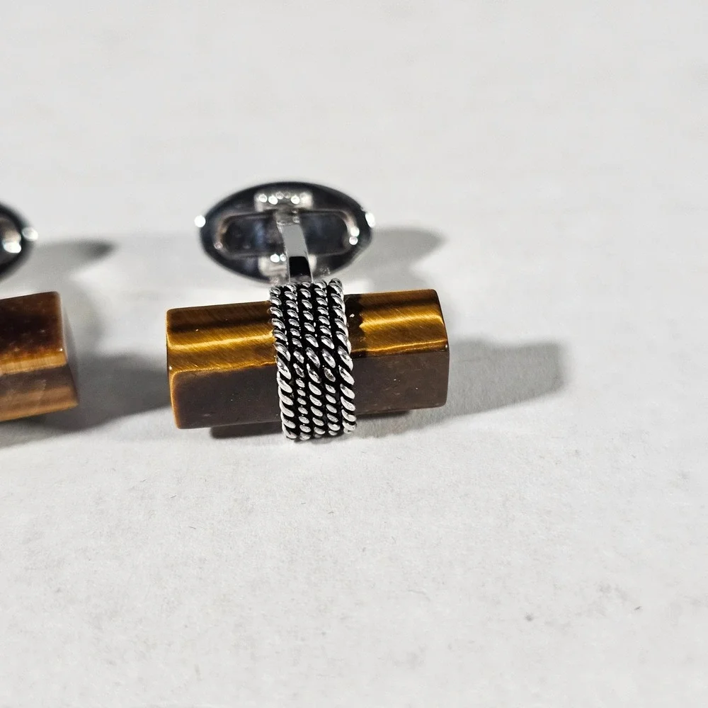 Jan Leslie Cufflinks Mens OS Brown Tigers Eye Sterling Silver 925 Rope Detail